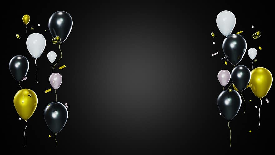 verjaardag, ballonnen, achtergrond, decoratie, verrassing, viering, confetti, Gouden Ballonnen, zwart, donker, ontwerp