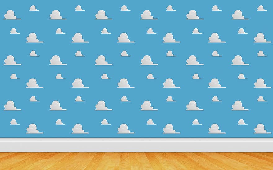 Toy Story tausta, pilviä, valkoiset pilvet, sininen, lattia, seinä