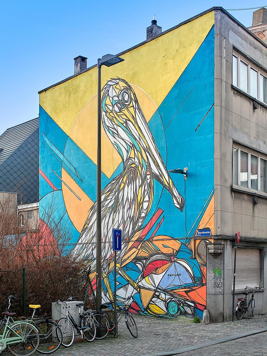 ศิลปะ, ภาพจิตรกรรมฝาผนัง, อาคาร, ในเมือง, Mechelen, สถาปัตยกรรม, เมือง, ภายนอกอาคาร, หลายสี, ชีวิตในเมือง, cityscape