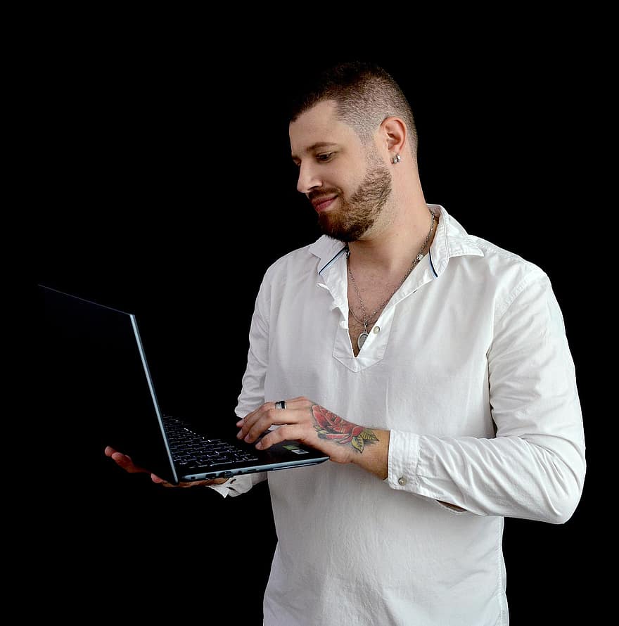 homem, computador portátil, trabalhando, Aprendendo, estudando, Educação