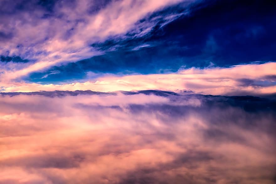 wolken, hemel, lucht, antenne, luchtruim, hoogte, vliegtuig uitzicht, natuur, cloudscape, wolk, zonsondergang