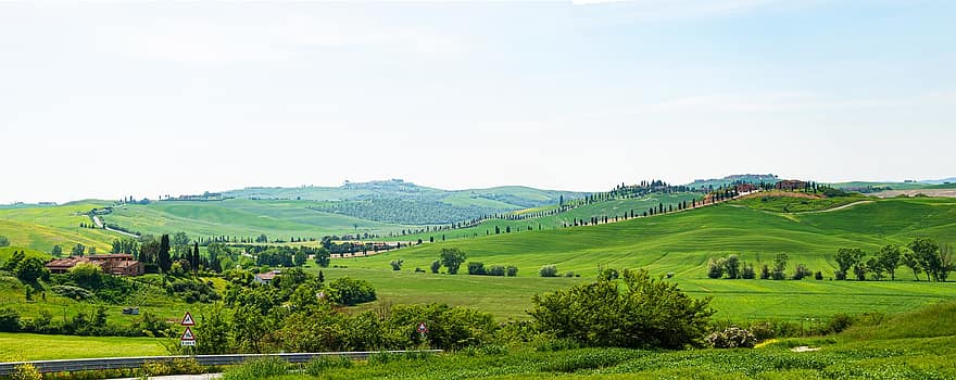 kulle, fält, lantlig, panorama, tuscany, Italien, himmel, landskap, natur, naturskön, träd