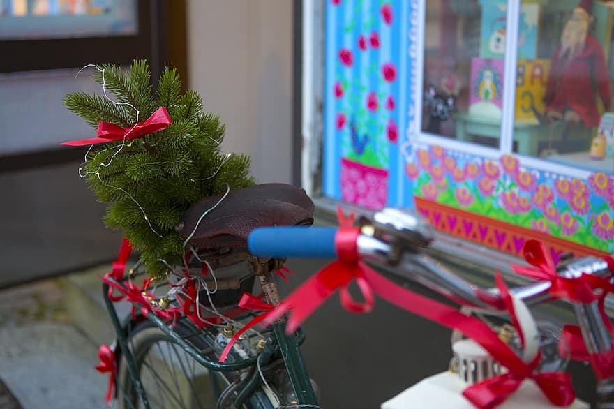 cykel, jul, resa, Semester, en person, män, vinter-, dekoration, inomhus, firande, gåva
