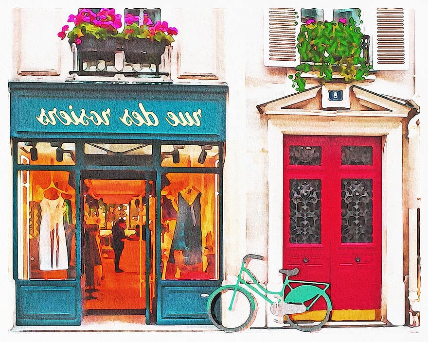 Akvarell Párizs üzletek, butikok, Párizs, butik, párizsi, Francia, Európa, híres, Franciaország, bevásárlás, ruházat