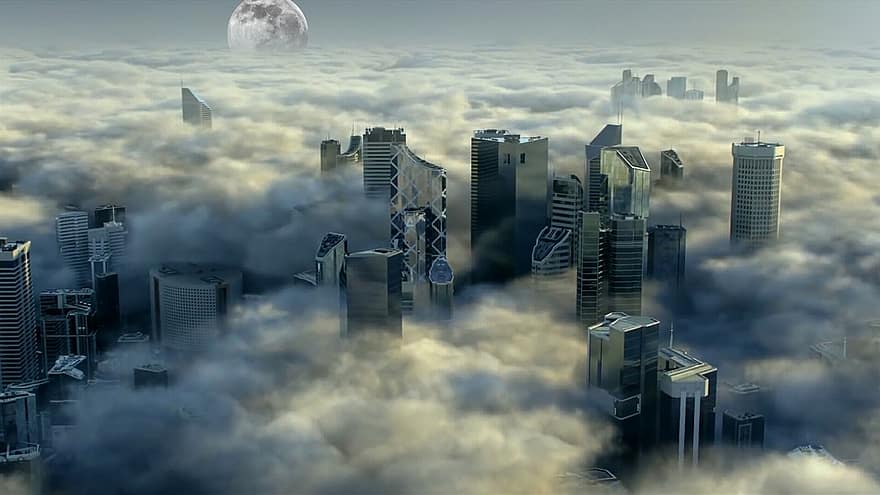 trogen, stad, moln, urban, framtida, sci-fi, skyskrapa, byggnader, rymdskepp, teknologi, cyberpunk
