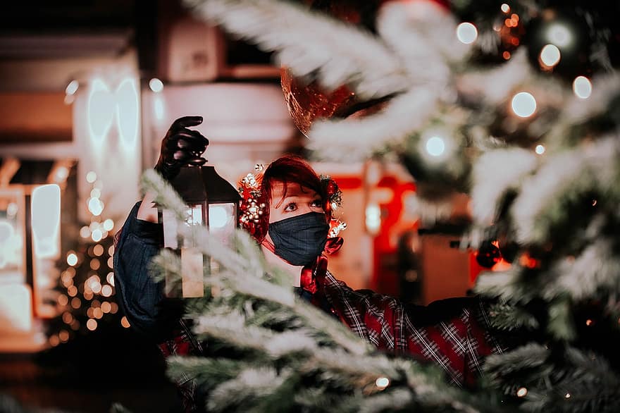 kobieta, maska, ochrona, drzewo, dekoracja, Boże Narodzenie, pora roku, na wolnym powietrzu, chrismas, korona
