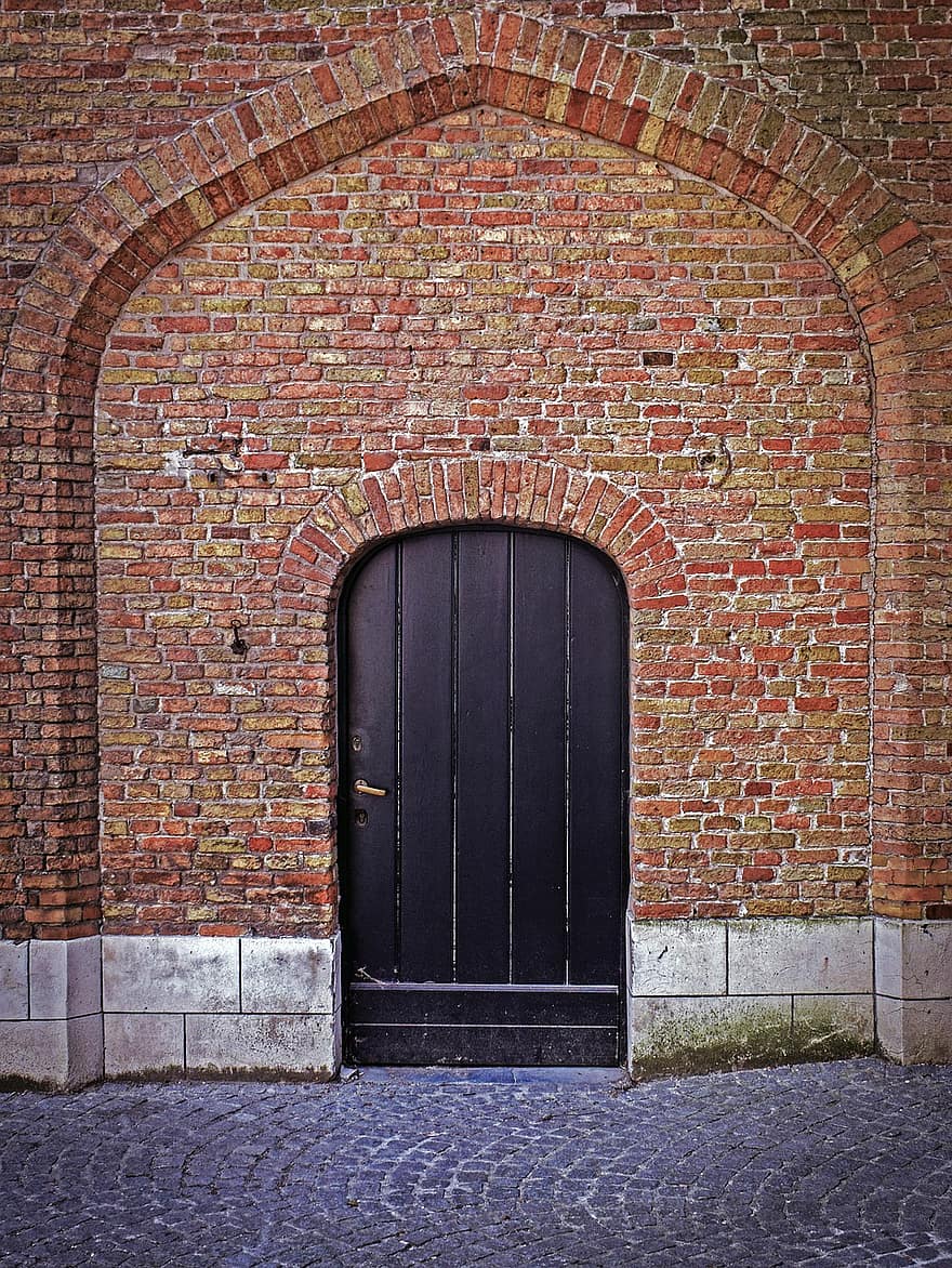 durys, plytų siena, įėjimas, plytos, senas, sienos, architektūra, senas pastatas, fasadas, Brugge, plytų
