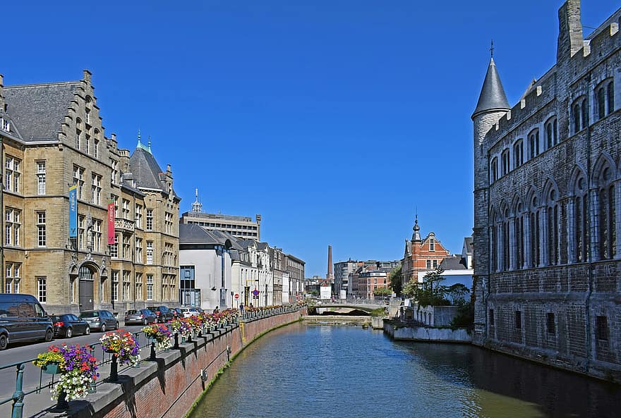 canal, paseo, edificios, arquitectura, río, ciudad, calle, coches, pueblo Viejo, urbano, pintoresco
