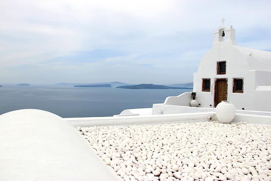 Santorini, kościół, morze, architektura, taras, skały, krzyż, budynek, fasada, ocean, wyspa