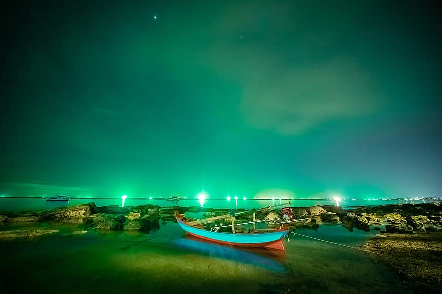 Vietnam, notte, spiaggia, mare, oceano, illuminato
