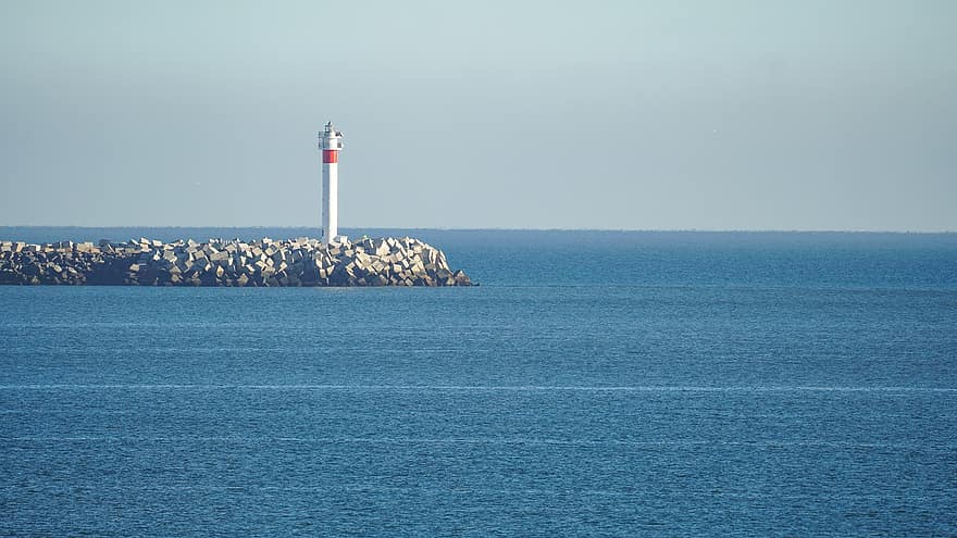 Lighthouse, Breakwaters, Sea, Ocean, Horizon, Seascape, Tower, Watchtower, Beacon, Marina, Coast