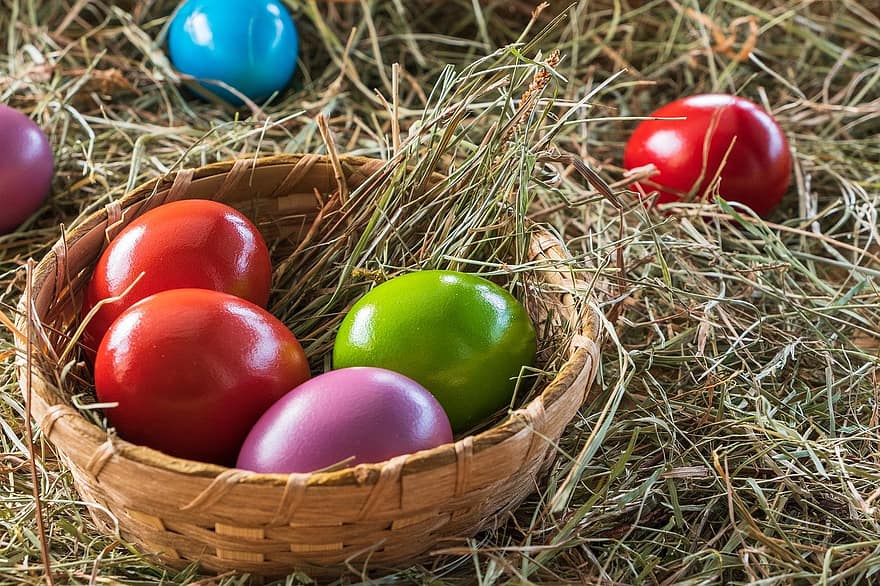 pisanki, kolorowe jajka, gniazdo, jajka, Wielkanoc, Czerwone Jajko, Żółte jajko, niebieskie jajko, ornament, dekoracje