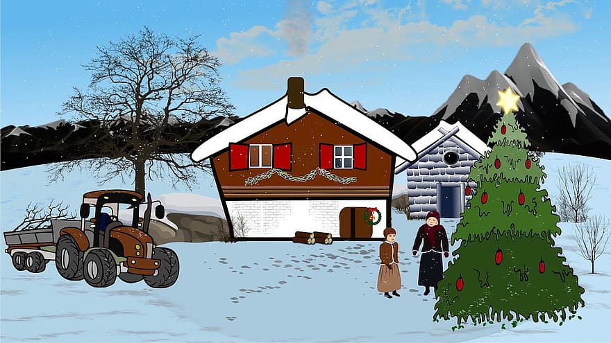 Christmas Landscape, Winter Landscape, Snow Landscape, Winter, Snow, Mountains, Farm Yard, Christmas Tree, Christmas, Children, Christmas Star