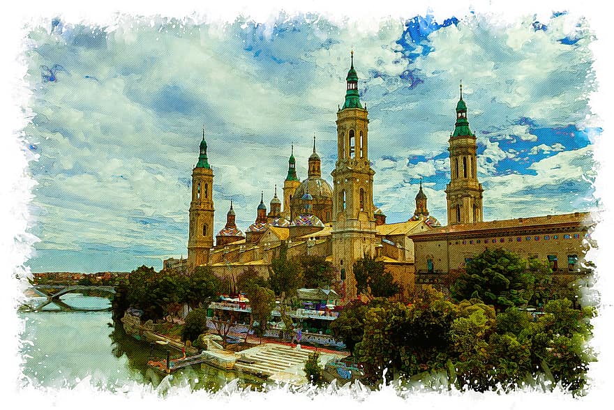 Basilikaen for Vor Frue af Søjlen, Zaragoza, gammel, antik, aragon, arkitektoniske træk, arkitektoniske kolonne, arkitektur, klokke, klokke tårn, slot