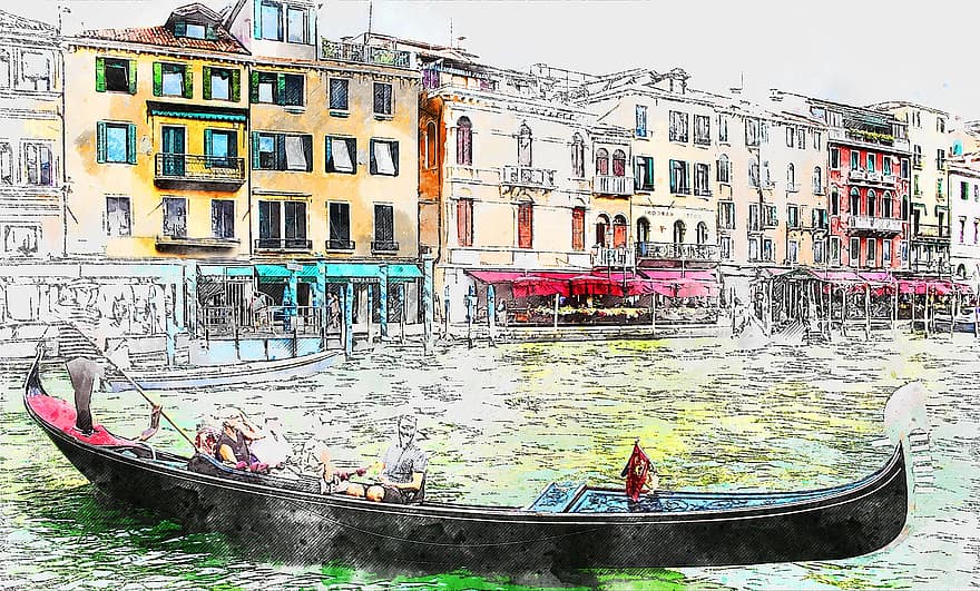 ゴンドラ、ヴェネツィア、ボート、アート、水彩、自然、川、チャネル、ビンテージ、家、カラフル