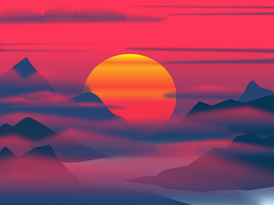 Sunrise, Sunset, Mountain, Clouds, Sun, Sunshine, Sea, Nature, backgrounds, landscape, illustration