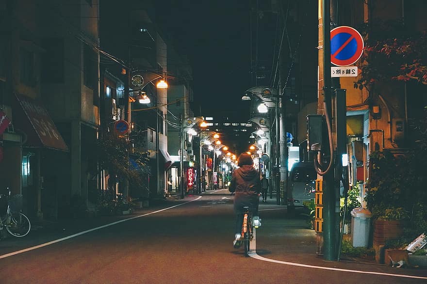 ulice, cestovat, cestovní ruch, Japonsko, noc, městský život, muži, pouliční osvětlení, provoz, svítí, chůze