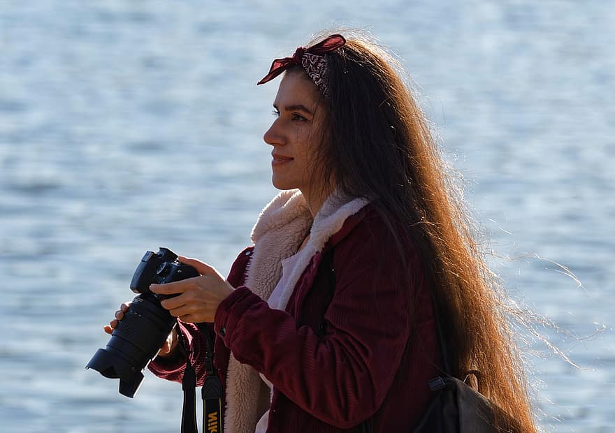 момиче, човек, дигитална камера, щастлив, DSLR, езеро