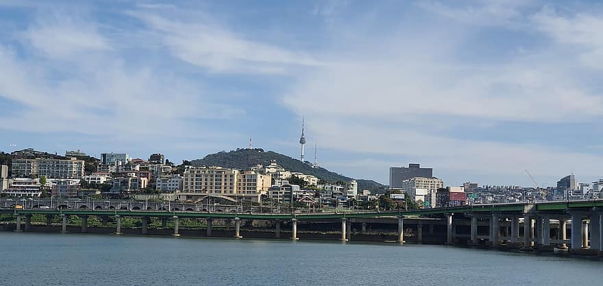 река хан, град, Южна Кореа, мост, пейзаж, силует