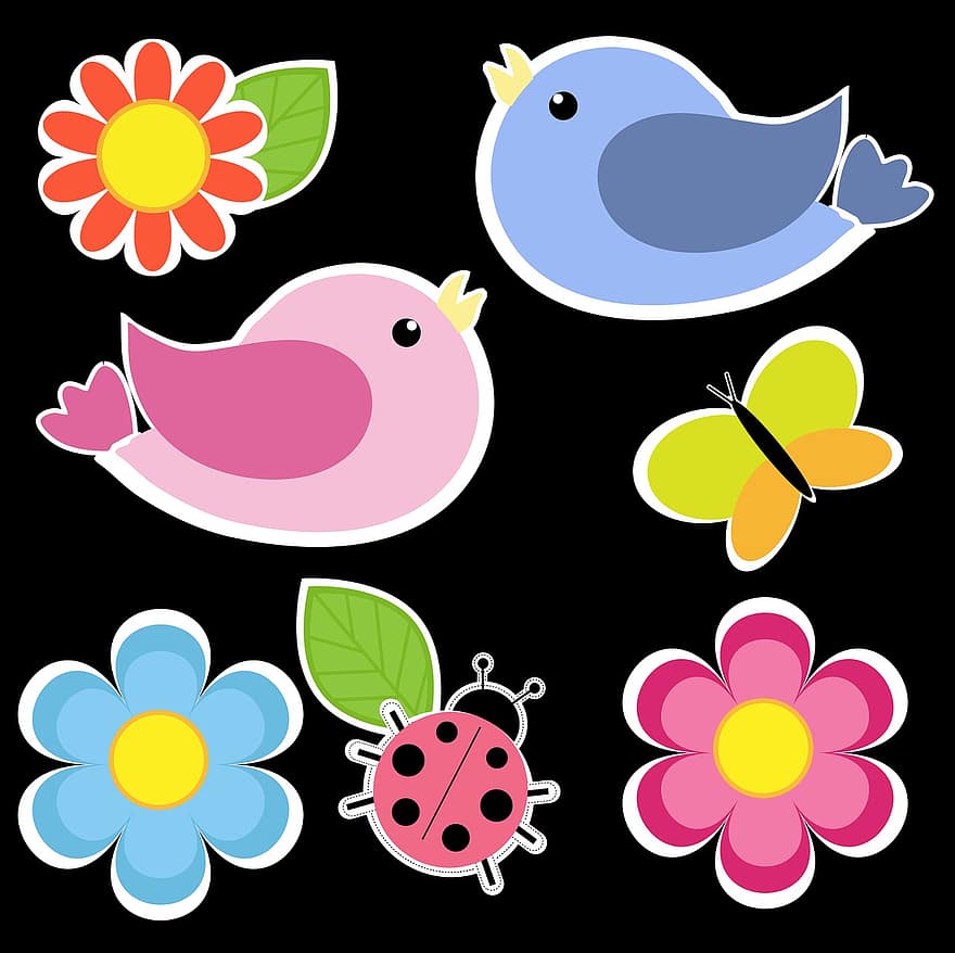 fåglar, fjäril, blommor, söt, tecknad serie, fantasier, nyckfull, ClipArt, konst, färgrik, ljus