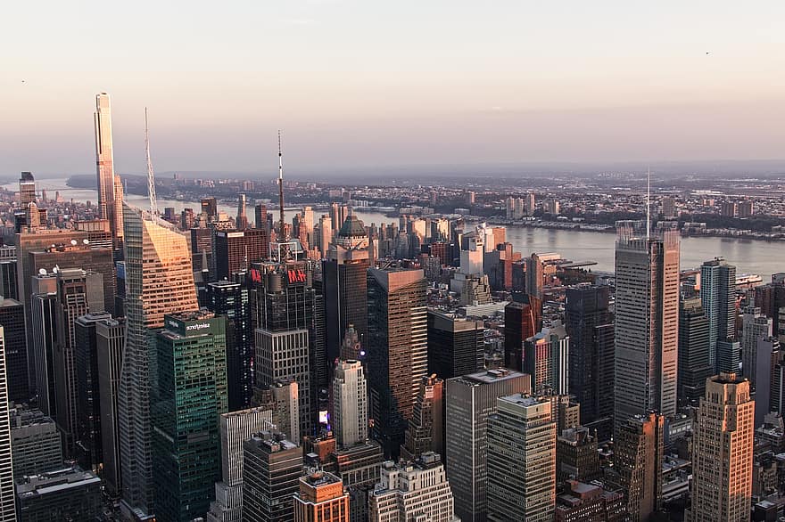 небостъргачи, сгради, Ню Йорк, Манхатън, архитектура, град, залез, природа, хоризонт, пътуване, модерен