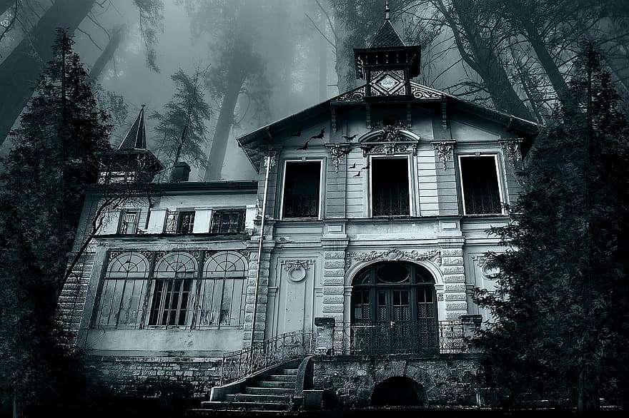 casa, assombrada, arvores, assustador, gótico, assombração, fantasmas, espíritos, velho, noite, dia das Bruxas