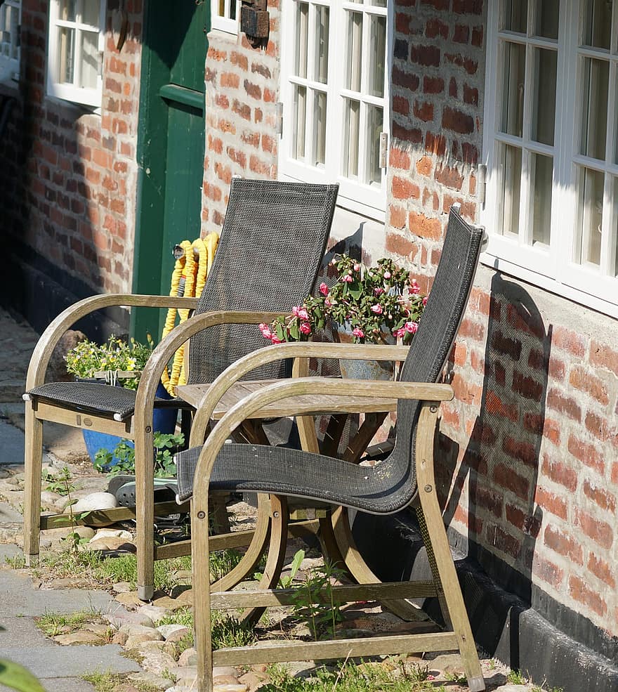 καρέκλες, σπίτι, τούβλο, Δανία, παλαιός, άνεση