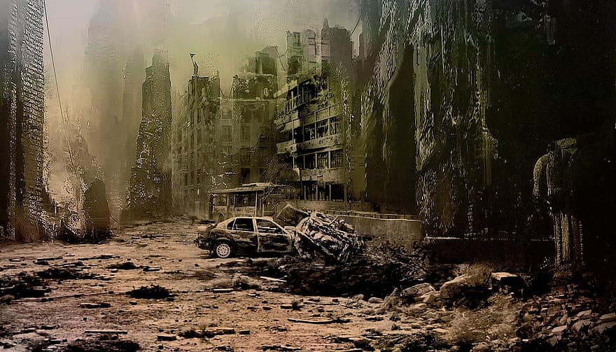 apocalipse, cidade, ruínas, prédios, arranha-céus, estrada, destruição, urbano, guerra, decair, ficção científica