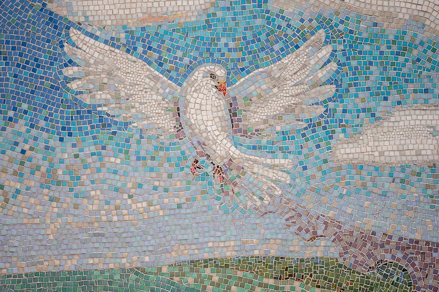 ocell, colom, pau, mosaic, patró, cristianisme, arquitectura, fons, volant, blau, religió