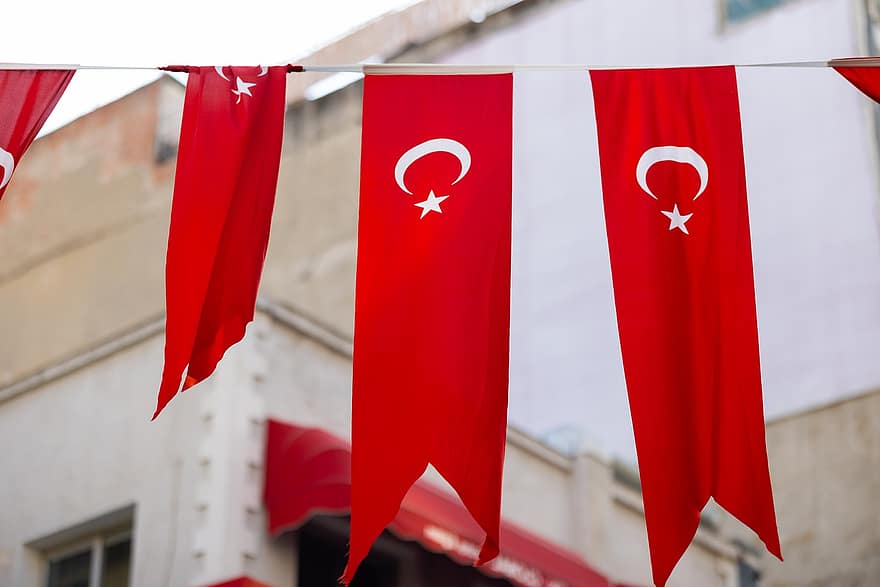 Törökország, török ​​zászló, fesztivál, bannerek, Utcai szalaghirdetések