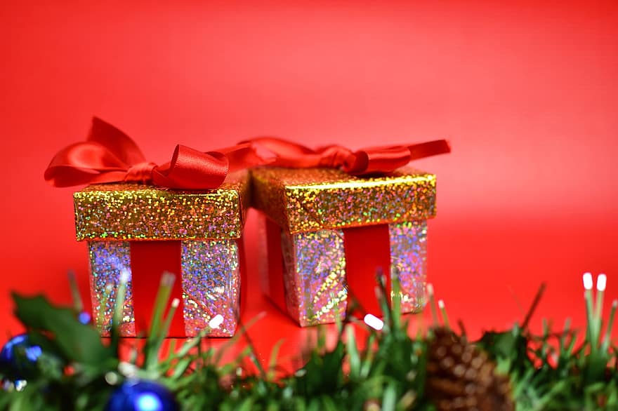 贈り物、箱、驚き、クリスマス、冬、デコレーション、球、花輪、リボン、テープ、休日