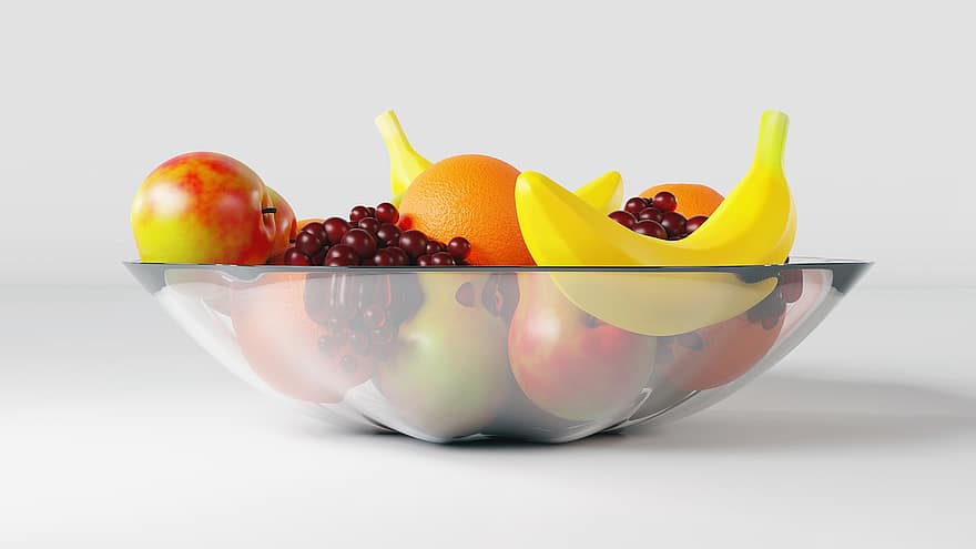 果物、静物、トロピカルフルーツ、りんご、オレンジ、バナナ、ぶどう、3Dレンダリング