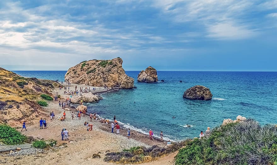 скала на Афродита, плаж, Кипър, Пафос, пейзаж, природа, крайбрежие, море, petra tou romiou