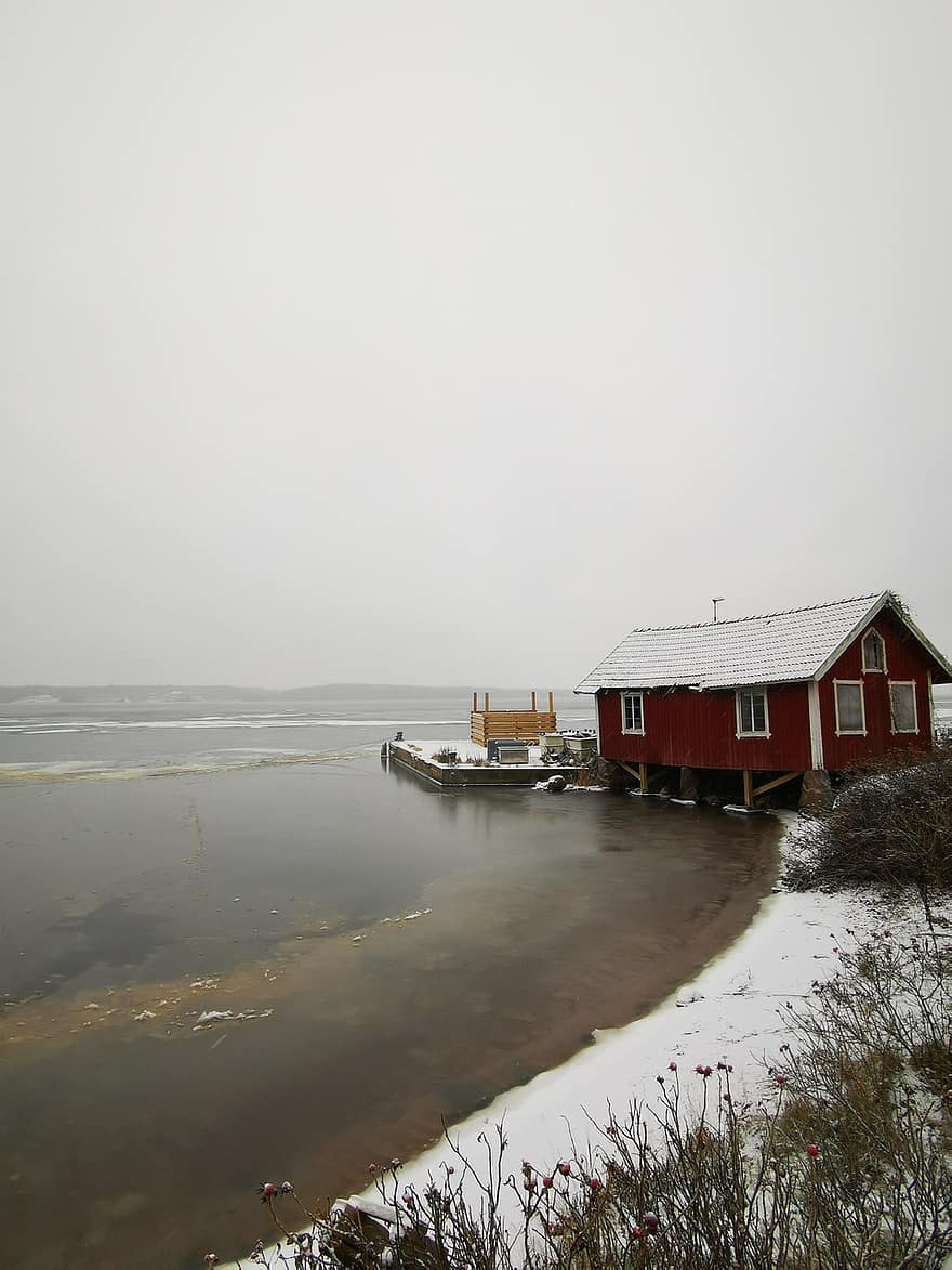 漁村、冬、海、港、霧の日、霧の海、スウェーデン、バルト海、水、海岸線、風景