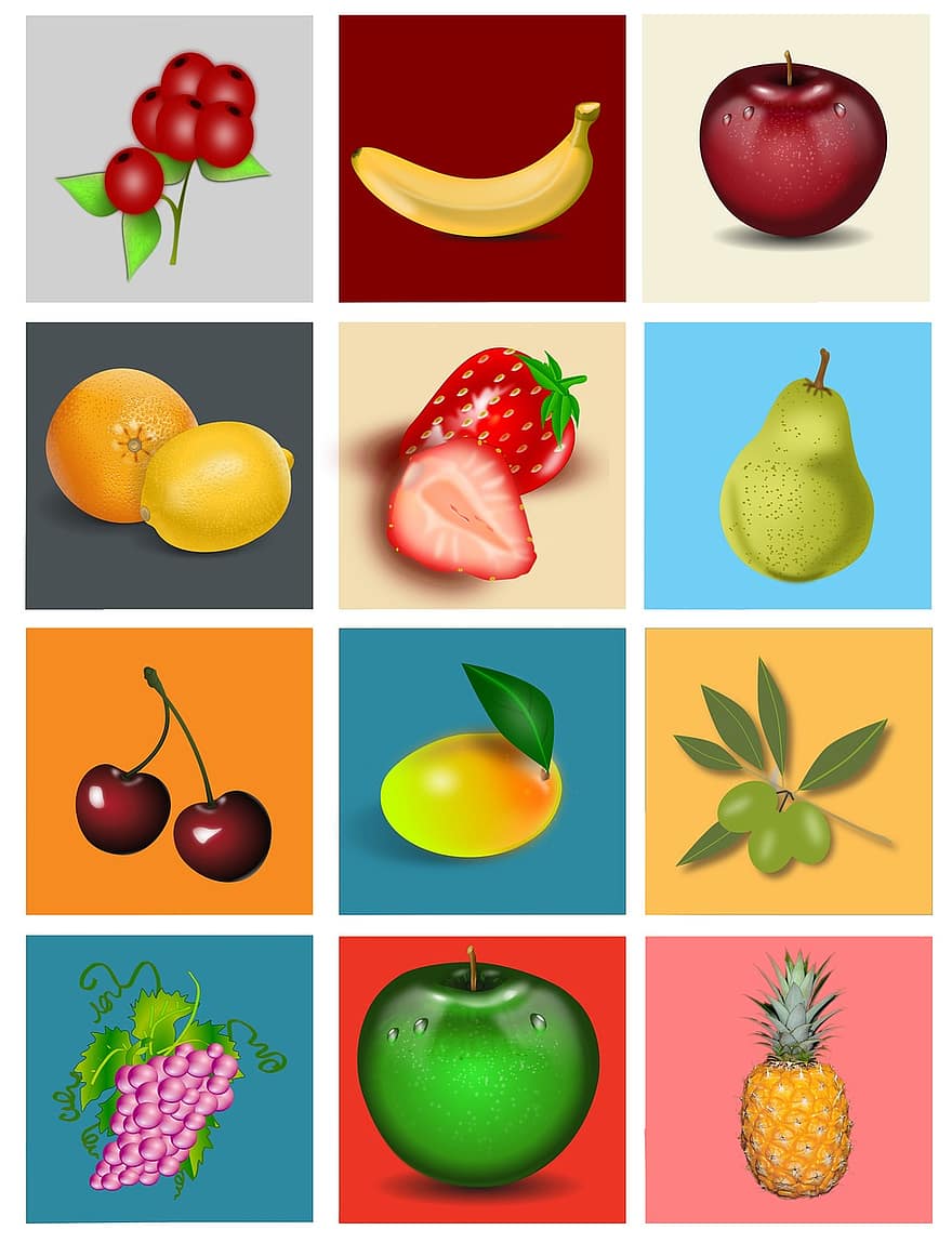 frugt, frugter, æble, banan, pære, ananas, kirsebær