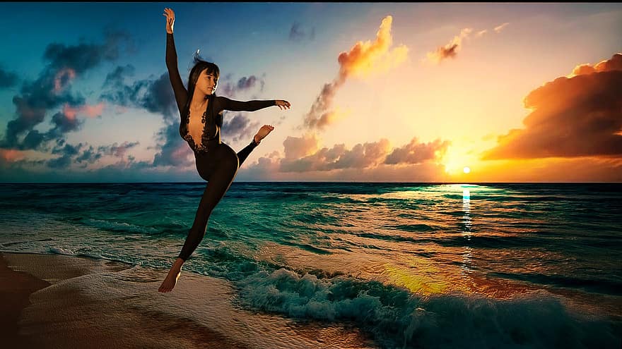 danza, saltar, yoga, puesta de sol, silueta, hembra, niña, equilibrar, formación, verano, mar