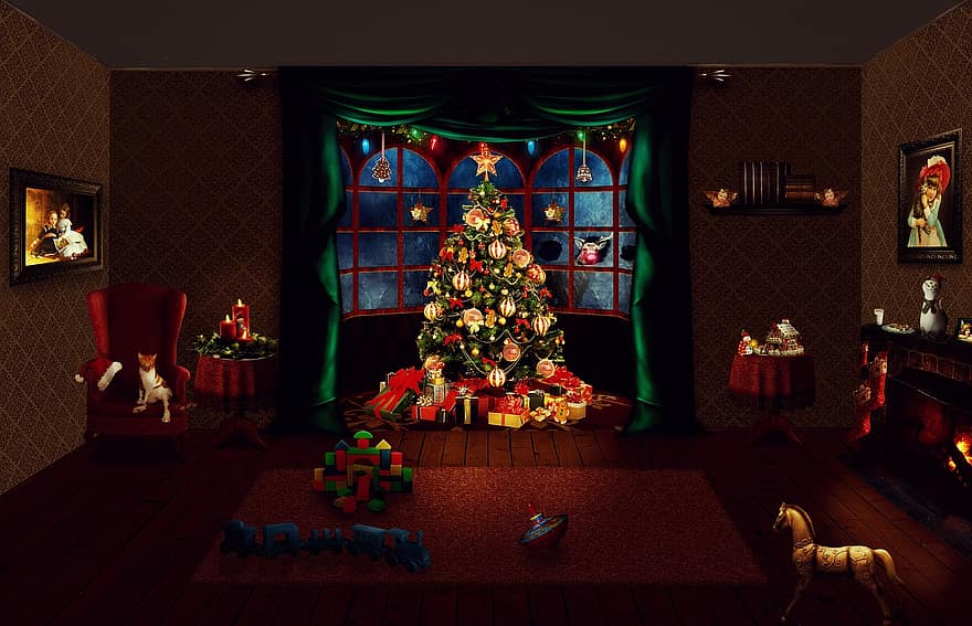 Weihnachten, Geschenke, Zimmer, Spielzeuge, Katze, traditionell, Schaukelpferd, Rentier, Beleuchtung, Möbel, Lebkuchenhaus