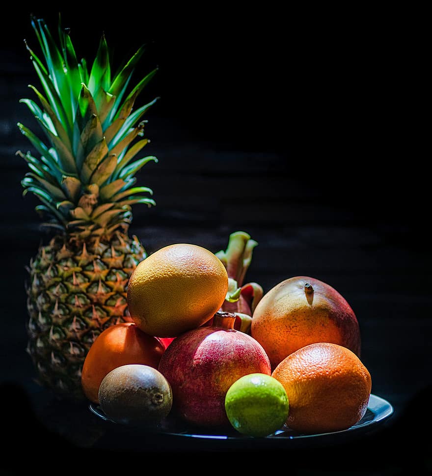 vaisiai, krepšelis, natiurmortas, šviežias, vaisių krepšelis, švieži vaisiai, gaminti, derlius, ekologiškas, ananasai, Citrusiniai vaisiai