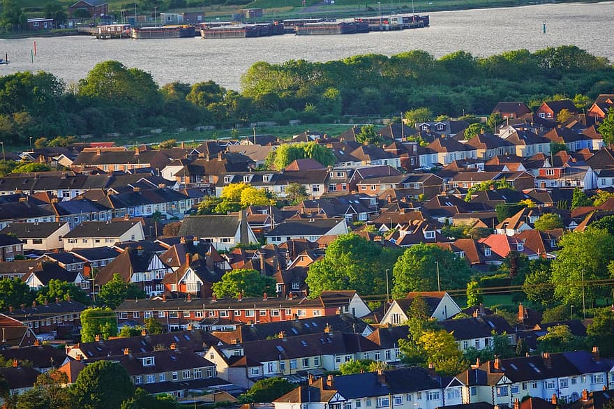 City, River, Buildings, Landscape, Water, Sea, Ocean, Houses, roof, cityscape, aerial view
