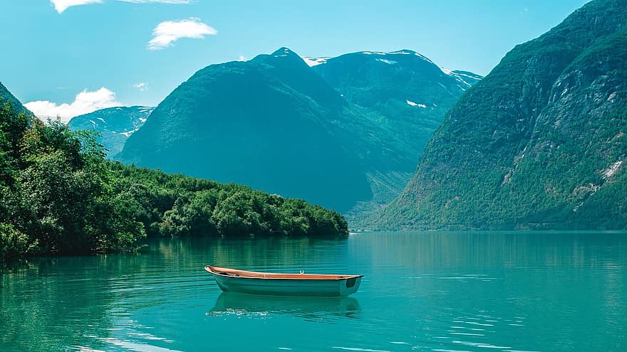 σκάφος, λίμνη, βουνά, βάρκα με κουπιά, ξύλινη βάρκα, οροσειρές, ορεινός, ορεινό τοπίο, τοπίο, φύση, σε εξωτερικό χώρο