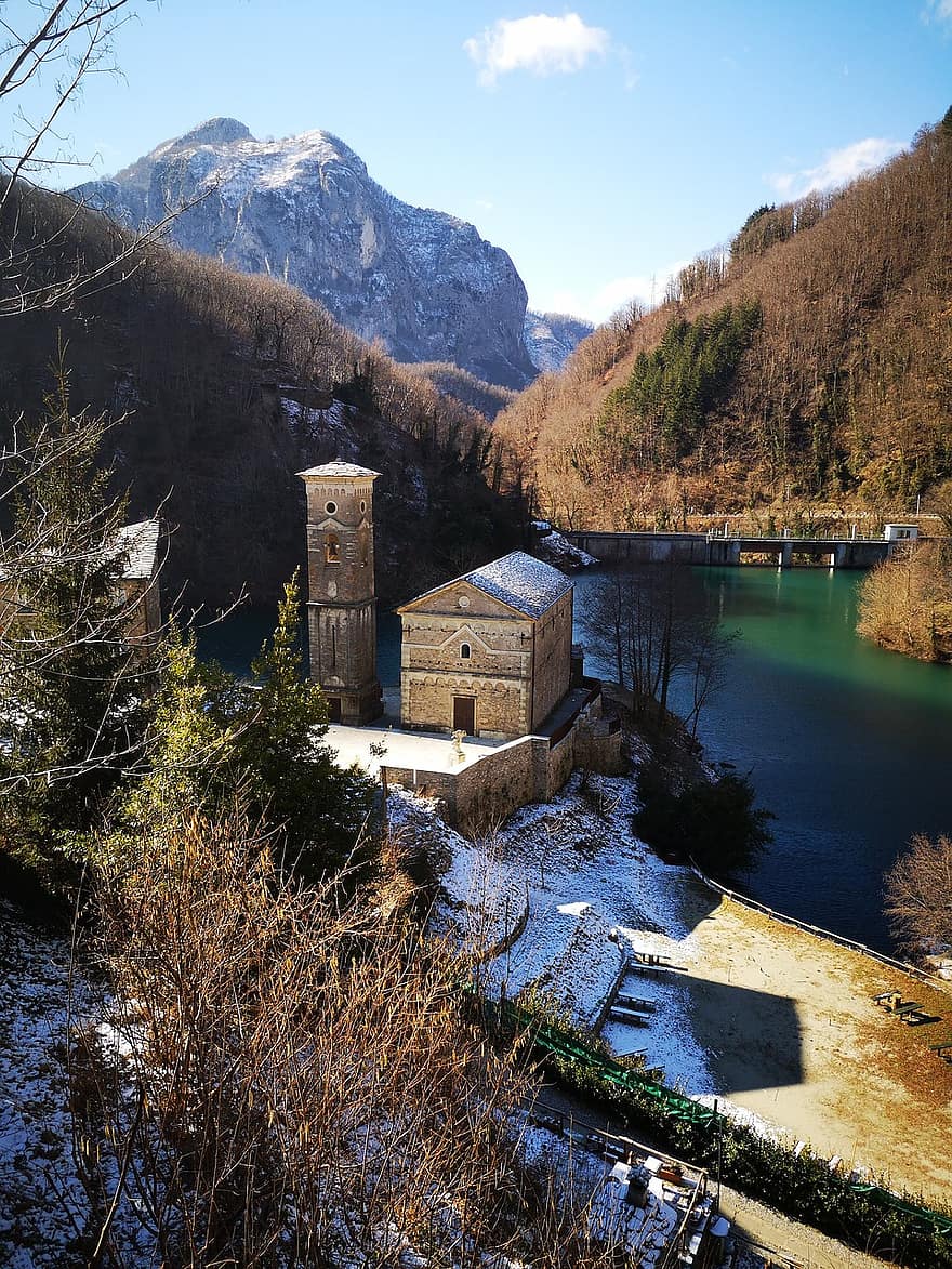 River, Buildings, Mountains, Trees, Forest, Tuscany, Garfagnana