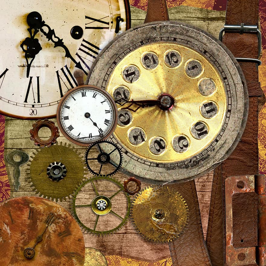 hodiny, Pozadí, papír, textura, koláž, kůže, ozubená kola, čas, sbírka, umění a řemesla, scrapbooking