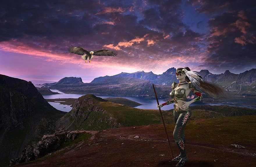 Background, Mountains, River, Warrior, Eagle, Fantasy, Female, Character, Digital Art