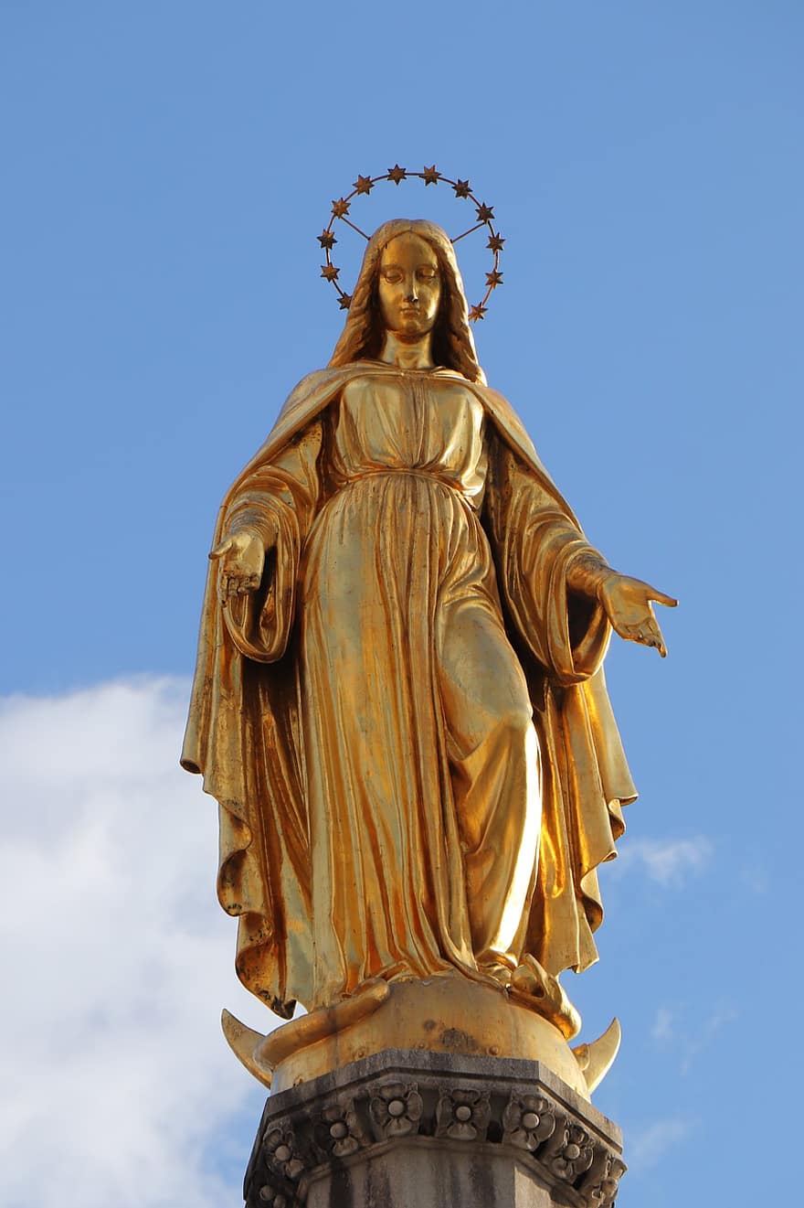 gyllen statue, jomfru Maria statue, kristendom, tro, Religion, statue, åndelighet, arkitektur, berømt sted, kulturer, skulptur