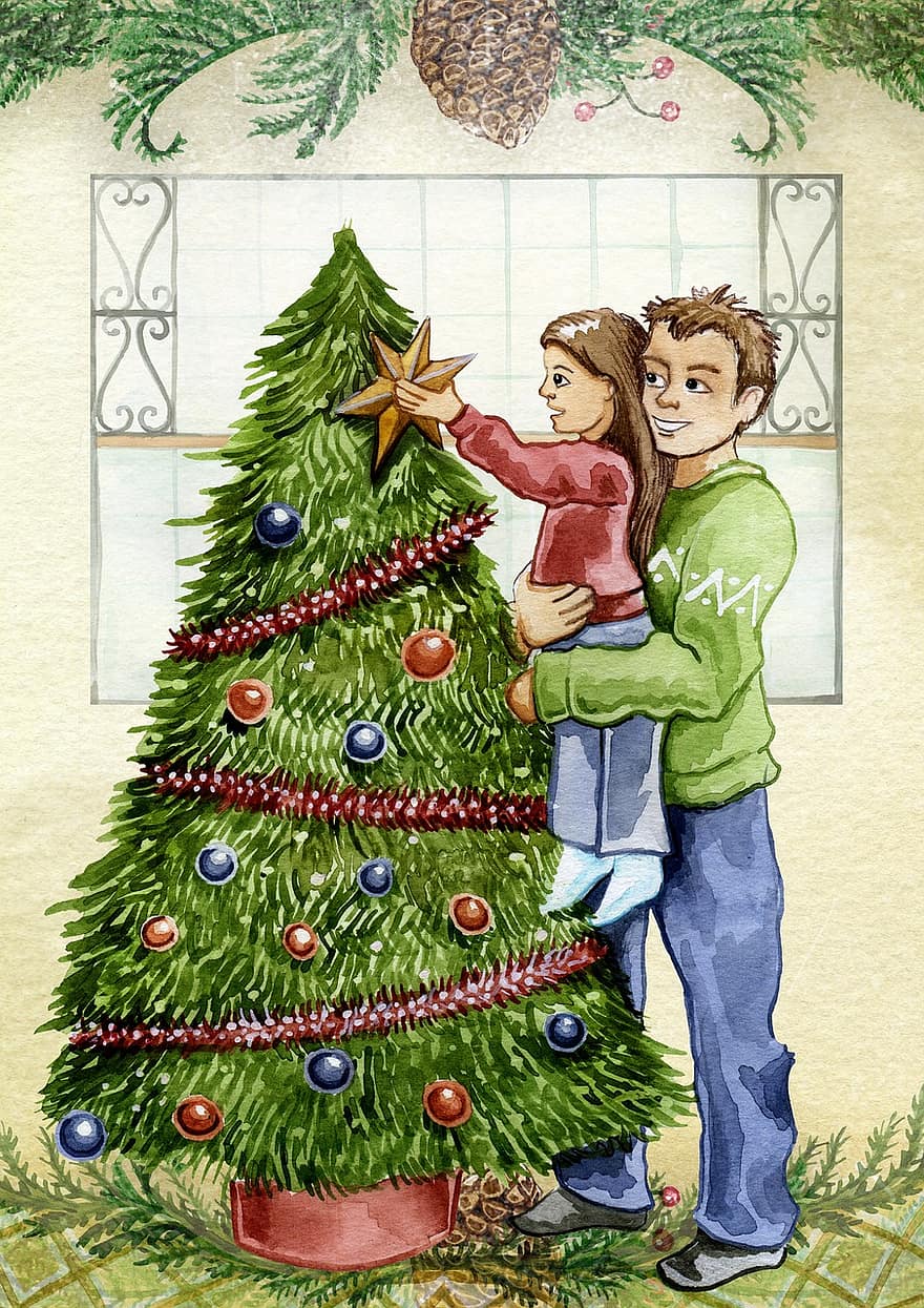Vánoce, strom, rodina, vyzdobit, Táto, dítě, dívka, vodové barvy, sezóna, Pozdrav, karta