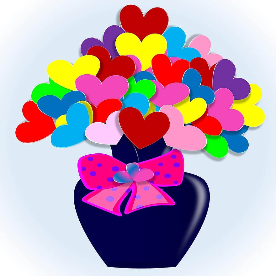cœur, amour, bouquet, Valentin, journée, coloré, rose, rouge, vase, bleu, aqua