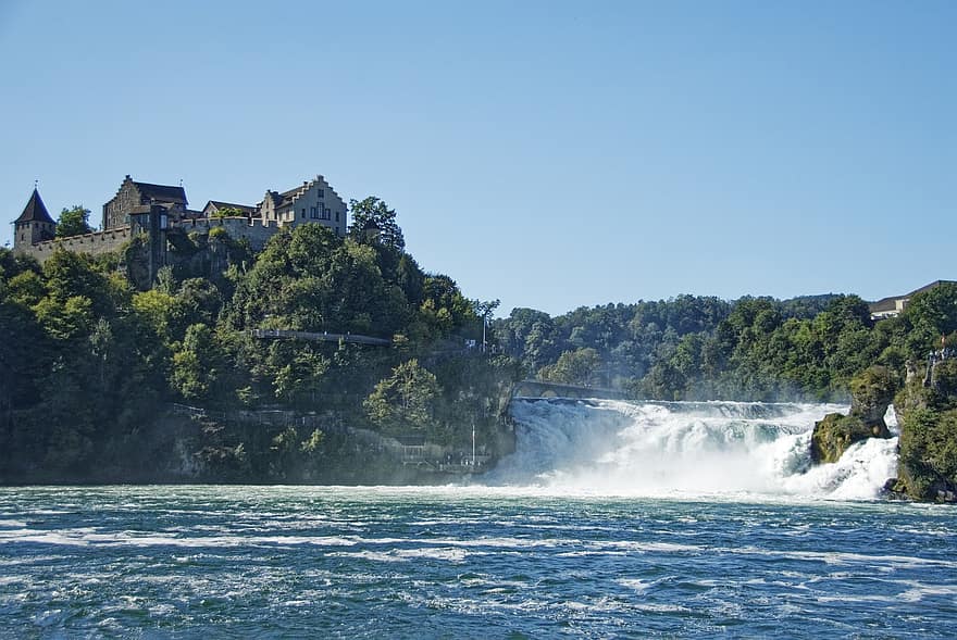 Suiza, el Rin cae, Schaffhausen, neuhaus, Bloqueo en ejecución, castillo, rin, fluir, cascada, rock, agua