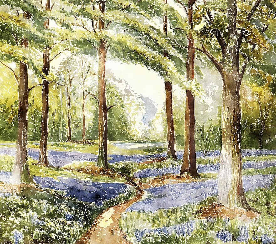 Trees, Park, Watercolor, Lavender, Flowers, Foliage, Plants, Woods, Botanical, Botany, Landscape