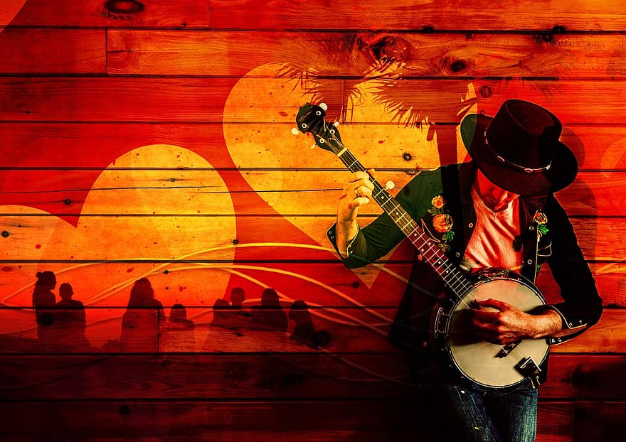 banjo, spelare, hand, strängar, collage, komposition, musik, ljud, hjärta, kärlek, reste sig