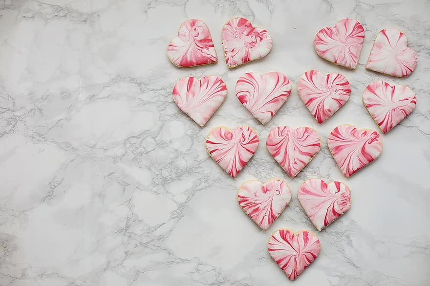 biscoitos, corações, tratar, doce, sobremesa, açucarado, Dia dos namorados, Royal Icing Cookies, superfície, mármore, cópia-espaço